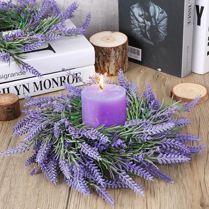 4 PCS Spring Wreath for Front Door Lavender Candle Ring Wreaths Mini Purple Table Centerpieces 9 Inch Floral Wreaths for Pillars Cabinets Farmhouse Spring Summer Wedding Party Home Decor