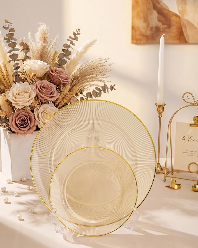 Hioasis 60pcs Brown and Gold Plastic Plates - Brown Disposable Dinnerware Set, 30pcs Dinner 10in & 30pcs Dessert 7in Plates with Striped Designs for Party & Wedding