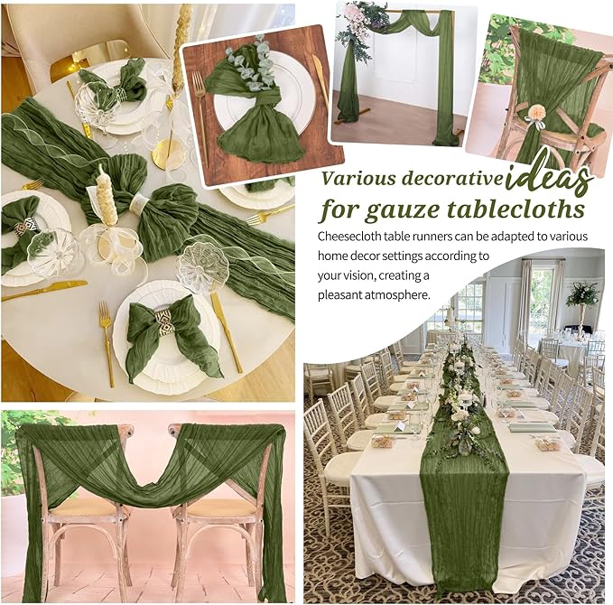 18 Pack Cheesecloth Table Runner Olive Green 10Ft Rustic Boho Gauze Table Runner Romantic Long Sheer Fabric Cheesecloth Table Runner for Wedding Festival Birthday Anniversary Dinner Outdoor Events