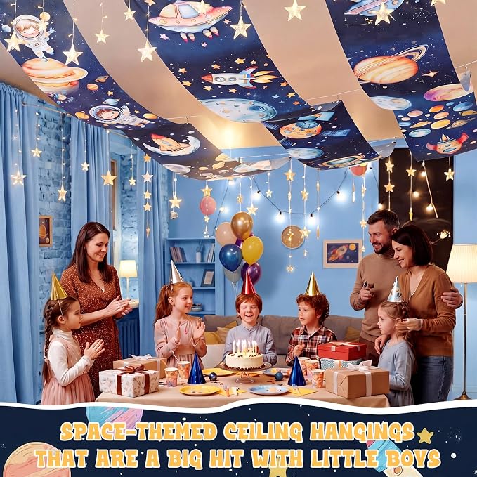Gilprop 3 Pack Space Galaxy Ceiling Decorations for Classroom 24" x 12 ft Astronaut Rocket Planet Universe Hanging Banners, Outer Space Theme Decor for Nursery School Church Sunday Birthday Party