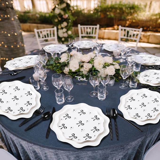 Ziliny 350 Pcs Bow Black Party Supplies Tableware Set Disposable 9'' 7'' Paper Plates 9 oz Cups Cutlery Napkins Dinnerware Set for 1st Birthday, Serve 50 (Bow, Black)