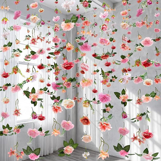 Suncalla 6 Pcs 35.46 ft Flower Garlands Backdrop Spring Artificial Wildflower Vines Floral Decorations for Party Fake Flower Vines Faux Silk Wildflower for Easter Wedding Garden Wall Arch(Soft Pink)