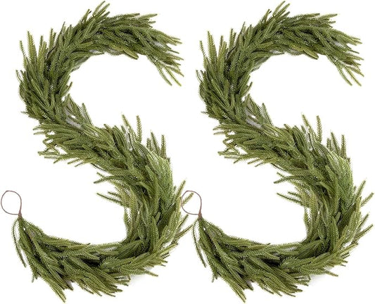 Findosom 2PCS 9Ft Christmas Norfolk Pine Garland, Real Touch Artificial Winter Green Pine Garland for Mantle, Wall, Fireplace, Stairs, Table, Indoor & Outdoor Christmas Decorations