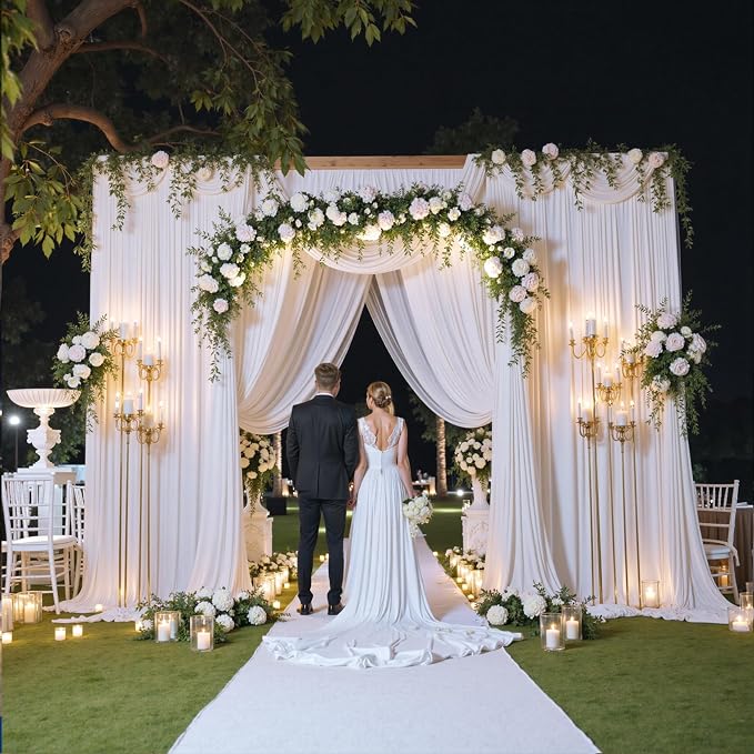 50x16ft White Backdrop Curtains for Wedding Party, 10 Panels 16 ft Long Back Drop Cloth, Wrinkle-Free Polyester Drapes for Birthday, Baby Shower, Stage Photography Background