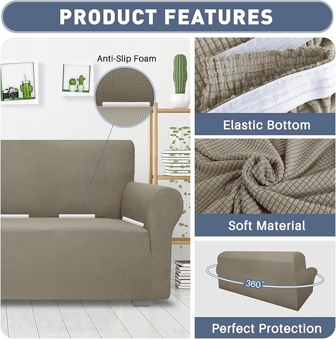 JIVINER High Stretch Couch Covers for 3 Cushion Couch 1-Piece Jacquard Elastic Sofa Slipcovers Anti Slip Sofa Cover with Elastic Bottom Furniture Protector for Kids Pets (Sofa, Khaki)