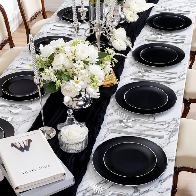 bUCLA 100PCS Black Plastic Plates - Heavy Duty Black Disposable with Silver Rim Include 50 Each (10 inch Dinner & 7 inch Dessert) Plates, Ideal for Party & Graduation
