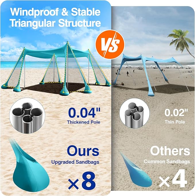 Rhino Valley Beach Tent, 10 x 10 FT Beach Shade UPF50+ Protection, Beach Canopy with 8 Sandbags 4 Stability Poles,Outdoor Beach Tent Sun Shelter Umbrella for Sand,Camping,Fishing Essentials,Mint Green