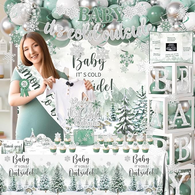 Baby It’s Cold Outside Baby Shower Decorations, Green Winter Baby Shower Decorations Winter Wonderland Tablecloth Banner Backdrop Balloon Box Cupcake Topper Hanging Swirl for Boy Girl Gender Reveal