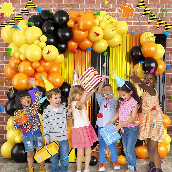 Construction Balloon Garland Arch Kit Birthday Party Decorations Supplies, Yellow Orange Black Foil Fringe Curtains Backdrop Tinsel Streamer Photo Booth Props Truck Car Themed Party Decor