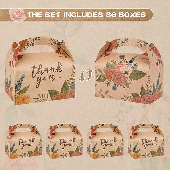 DjinnGlory 36 Pack Brown Kraft Party Favor Treat Boxes for Wedding, Bridal Shower, Annivesary, Christmas and all Occasion, Floral Thank You Gable Boxes for Small Business 6.18x3.58x3.39 Inches