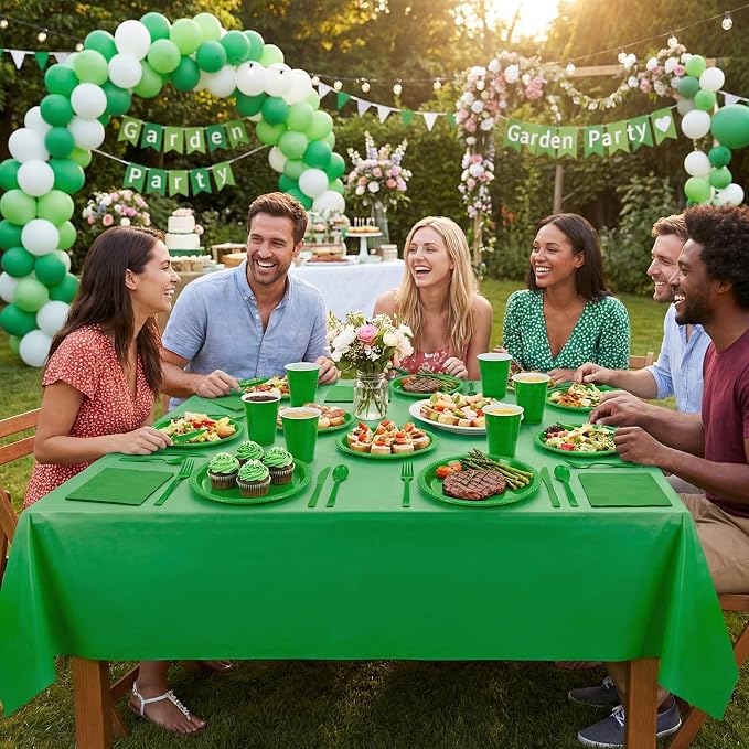 352 Pcs Green Plastic Plates Party Set, 50 Guests Disposable Dinnerware Set with Green Tablecloths, Fresh Green Plastic Plates Party Set for Garden Party/BBQ/St. Patrick's Day/Eco-Theme Event
