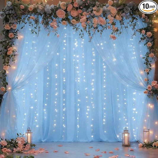 20x10ft Baby Blue Tulle Backdrop Curtain with Lights String for Parites, Sheer Photo Backdrop Curtains with Lights for Wedding Backdrop Ceremony Reception Bridal Shower Baby Shower Birthday Party