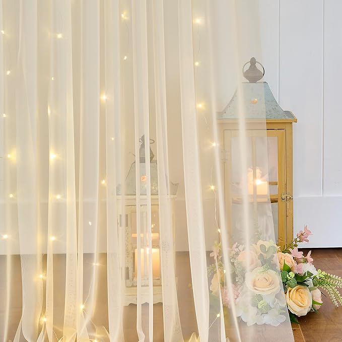 10×12ft Champagne Tulle Backdrop Curtain with Lights String for Parites Sheer Fabric Backdrop Curtains for Wedding Baby Shower Birthday Party Backdrop Drapes Bridal Shower Photo Shoot Background