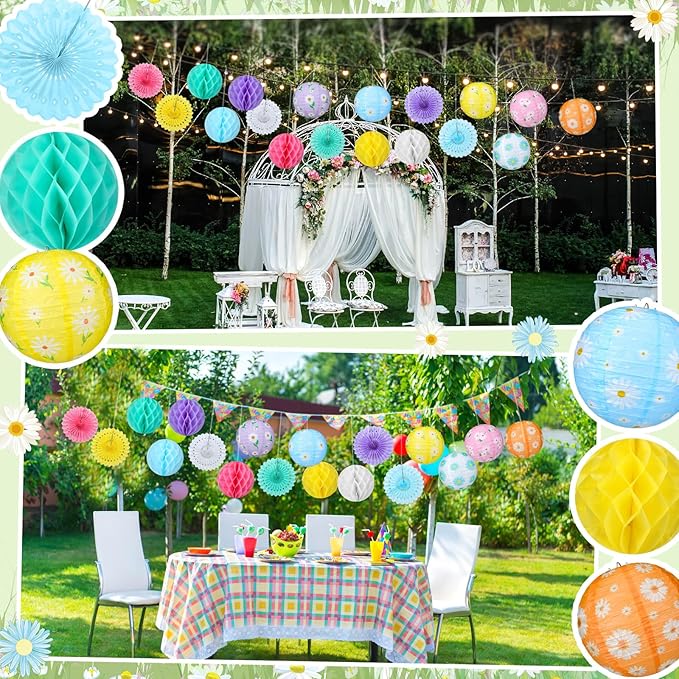 Baquler 18 Pcs Spring Daisy Party Decoration Pastel Flower Floral Hanging Paper Lantern Wild Fans Honeycomb Ball for Wedding Bridal Shower Party Ceiling Decor Supplies