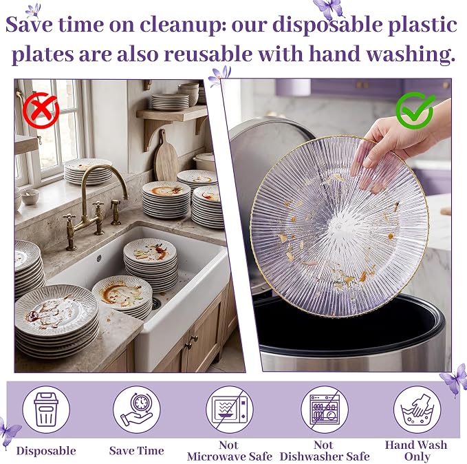 DaYammi 60Pcs Purple Plastic Plates with Gold Rimmed - Purple Disposable Plates Set Including 30pcs Dinner Plates,30pcs Dessert Plates with Radial Texture for Party & Wedding Bridal Shower