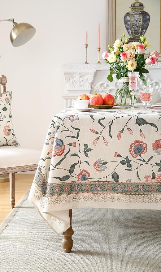 ISAENNE Designer French Linen Tablecloth Rectangular,94"x63"-Daffy | Vintage Elegant Table Cloth Rectangle Table,Floral Pattern,Decoration,Heavyweight,Dining,Kitchen,Tea Party,Thanksgiving