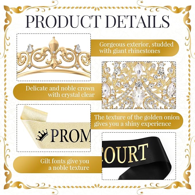 Saintrygo 12 Pcs Prom Crown and Sash Set, Prom King and Queen Tiara Rhinestone Crown Glitter Court Royal Satin Sash for 2026 Graduation Ball Dance Night Party Birthday Accessory(Gold,Classic)