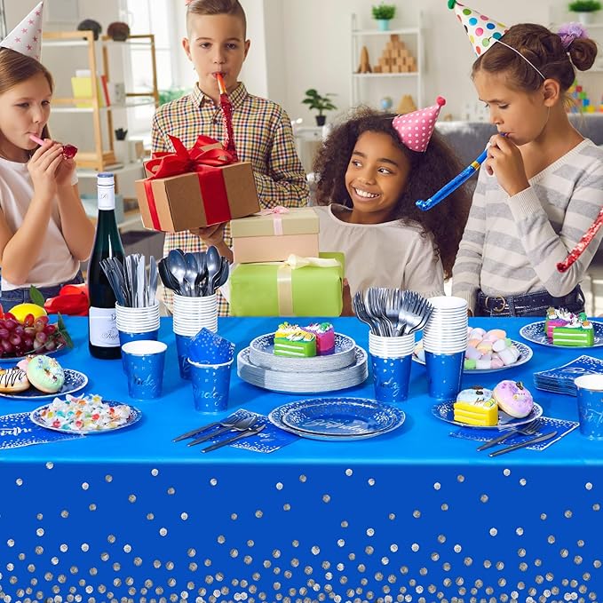 352 Pcs Blue and Silver Birthday Party Tableware Set for 50 Guests Silver Dot Paper Plates Cups Napkins Plastic Tablecloths Forks Knives Spoons Blue Party Supplies for Birthday Wedding Decorations