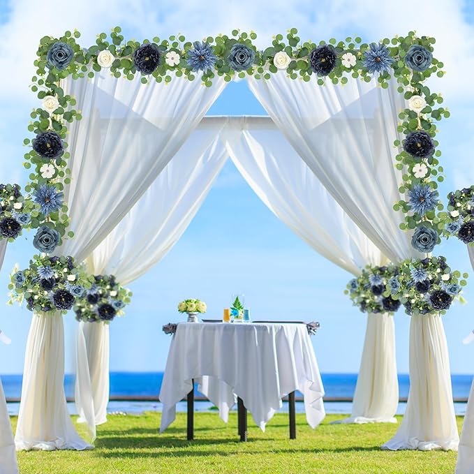 Eucalyptus Garland with Flowers - 4 Pack 5.9 FT Fake Flower Garland with Butterflies Faux Rose Greenery Garlands for Wedding Table Backdrop Arch Centerpieces Decorations - Navy Blue