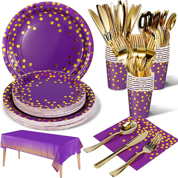 Nkaiso 141 Pieces Purple Gold Party Supplies, Disposable Party Decorations Sets Include Paper Plates Napkins Cups, Plastic Forks Knives Spoons, for Baby Shower Birthday Wedding -20 Guests