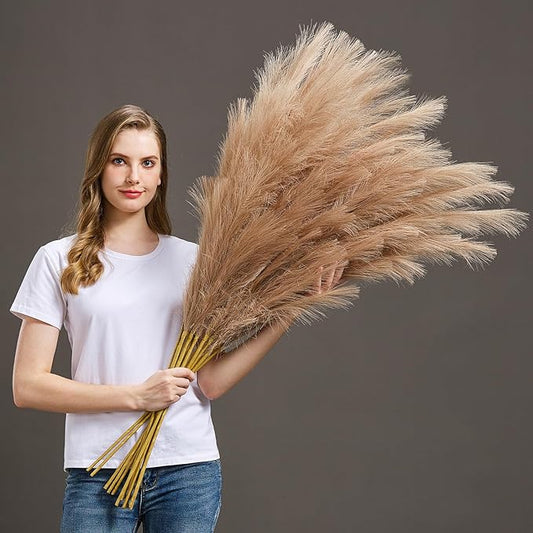 7 Pcs 45" Faux Pampas Grass – Fluffy Artificial Pompous Grass for Tall Floor Vase, Non-Shedding Home Decor, Boho Wedding Flowers, Baby Shower Centerpieces, Bedroom & Living Room Decor (Brown)