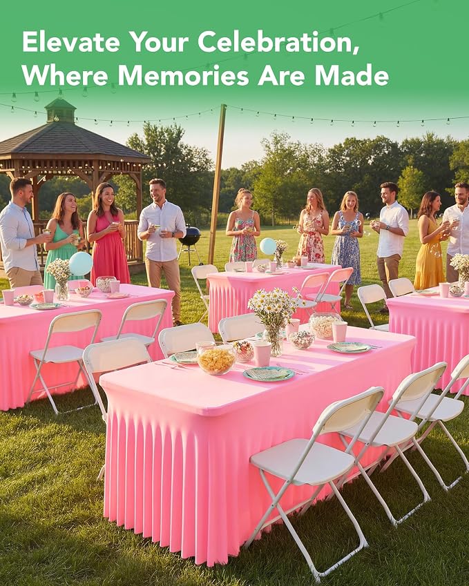 4 Pack Spandex Table Cover Skirts for 6ft Rectangle Tables, Pink Stretch Table Cloths with Floor-Length Ruffle, Elastic Fitted Skirted Tablecloth for Elegant Wedding Banquet Party Buffet Decoration