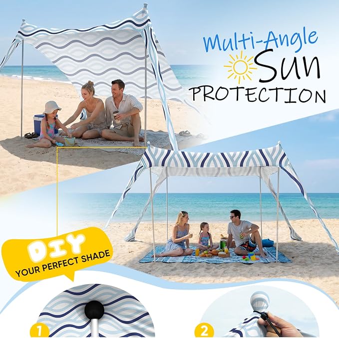 Sekey Aluminum Beach Shade Sun Shelter UPF 50+ - 8.2x8.2 FT Portable Beach Canopy with Windproof Rope & Stability Poles, Easy Setup Outdoor Tent for Camping, Backyard, Fishing, Picnics