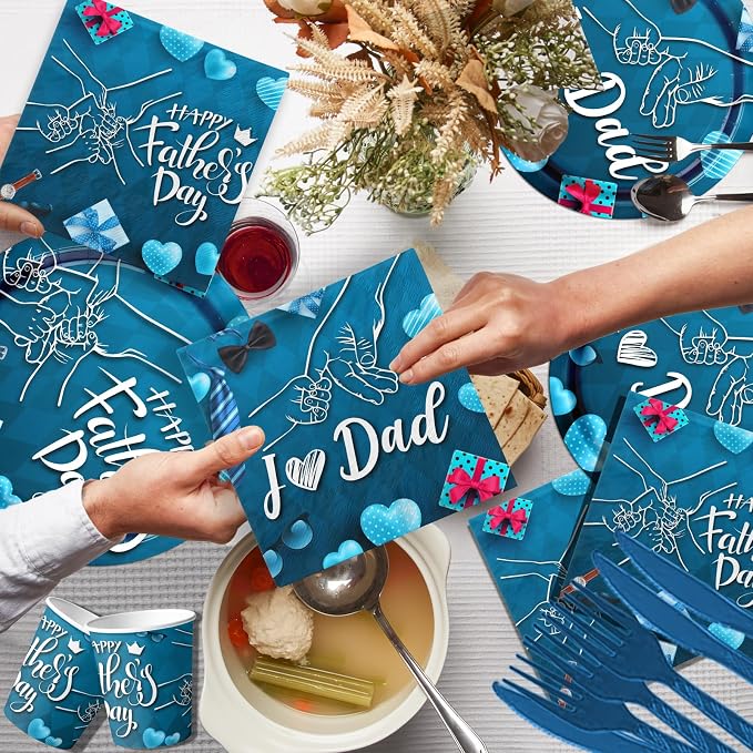 Happy Father's Day Tableware Set - 142pcs with Plates, Napkins, Tablecloth, Cups & Supplies for 'I Love Dad' Party Decoration
