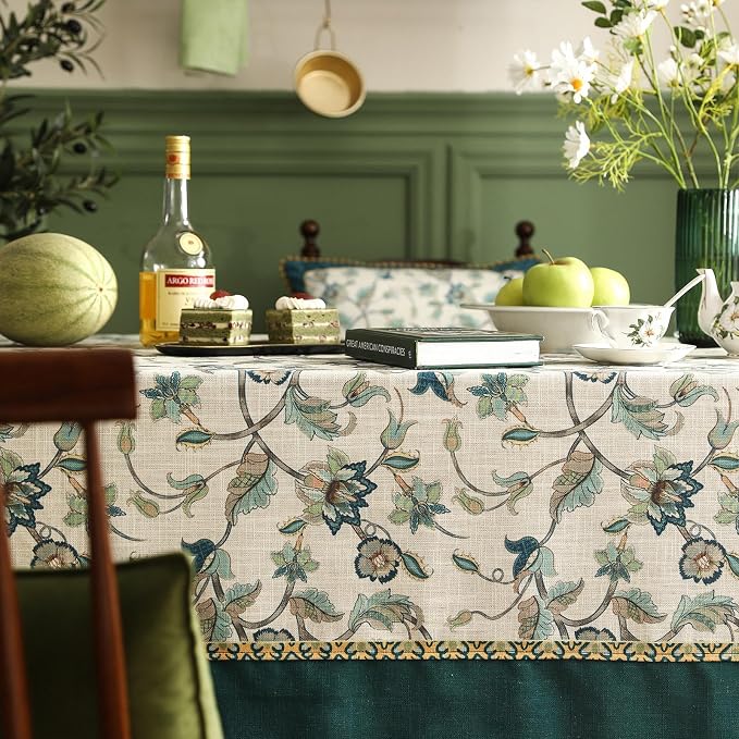 patdrea Vintage French Linen Tablecloth,Rectangular,94"x63"-Noah | Heavyweight Floral Large Table Cloth for Rectangle Table,Botanical Green Pattern,for Dining Room Tea Party Thanksgiving