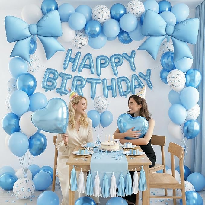 Blue Bow Birthday Decorations Pastel Baby Light Blue Metallic White Bows Print Party Balloon Happy Birthday Banner 38 In Coquette Foil Balloons Heart Balloon for Men Boys Bday Party Supplies