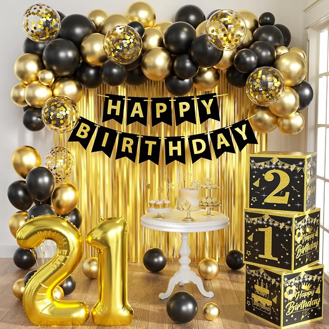 Gold 21st birthday decorations for him Men,3pcs birthday Decorations for Men boys black and gold Balloon Boxes Birthday Party Favors