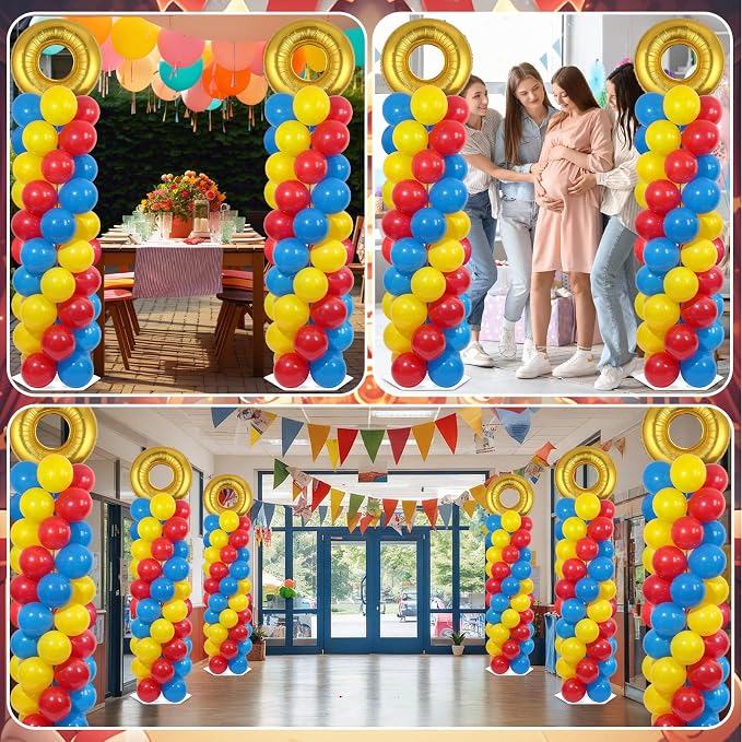 2 Sets Red Blue Yellow Balloon Column Stand Kit with 102 Balloons Ring 5.57ft Adjustable Balloon Tower Stand with Red Blue Gold Balloons Arch Column for Birthday Baby Shower Party Supplies