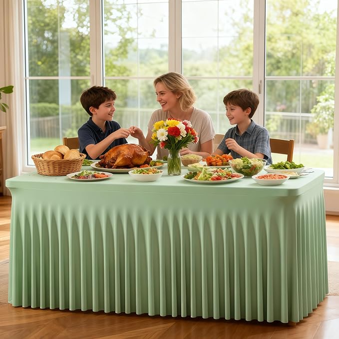 Wish Care 2 Pack Sage Green Spandex Table Clothes for 4 Foot Rectangle Tables, 4FT Wrinkle Free Fitted Tablecloths Ruffles Design Table Cloth for Party, Banquet, Wedding and Events