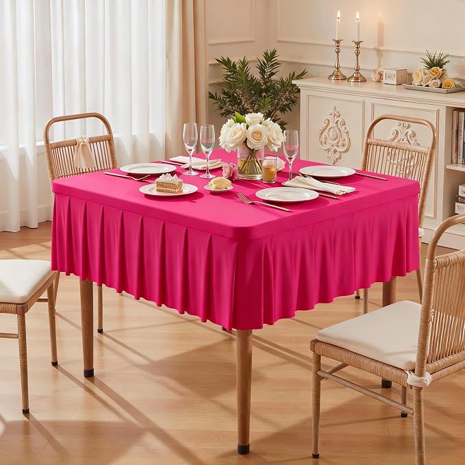 Wish Care Hot Pink Spandex Tablecloths for 48x48 Inch Square Tables, Stretch Fitted Table Clothes with Pleated Ruffle Skirt for 48” Table, Wrinkle Free and Elastic, for Party Kitchen Home Dining