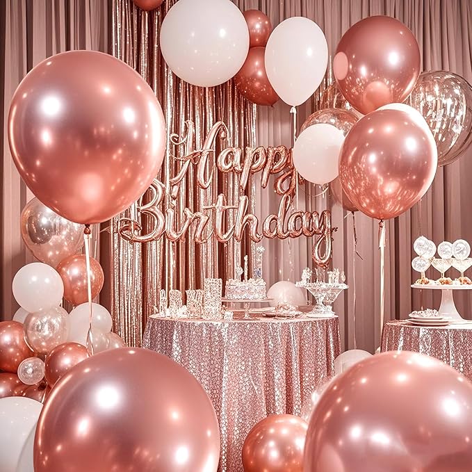 Rose Golden Happy Birthday Party Balloons Decorations Set, 80 PCS | with Photo Background Backdrop, Happy Birthday Sign Cloth, 3PCS 18inch Metal Pink Gold Balloons, Rose Gold Confetti Balloons