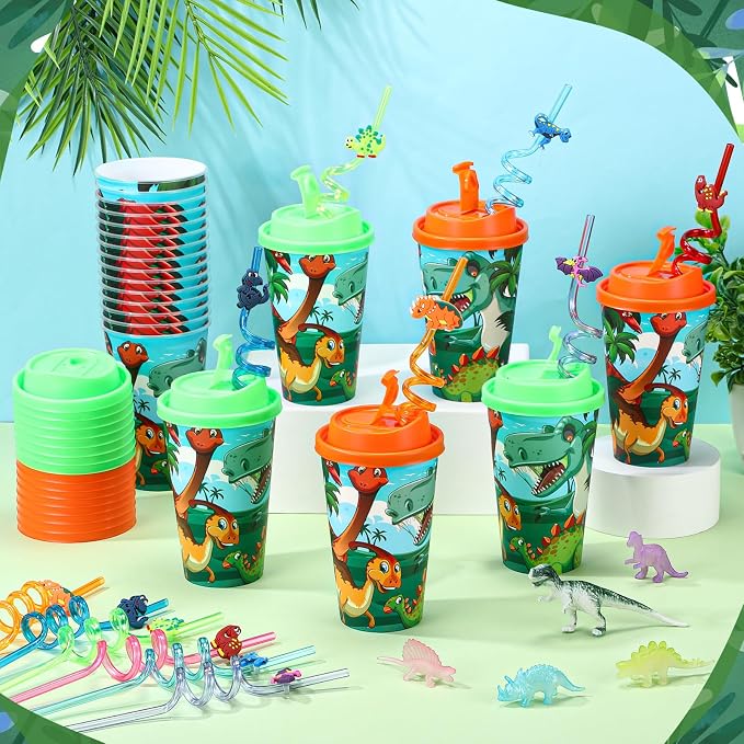 Maxcheck 24 Sets 16 oz Dinosaur Party Favors Goodie Cups with Colorful Lids and Straws for Birthday Decorations Reusable Plastic Candy Cups Bulk Plastic Straws for Birthday Party Celebration Gifts