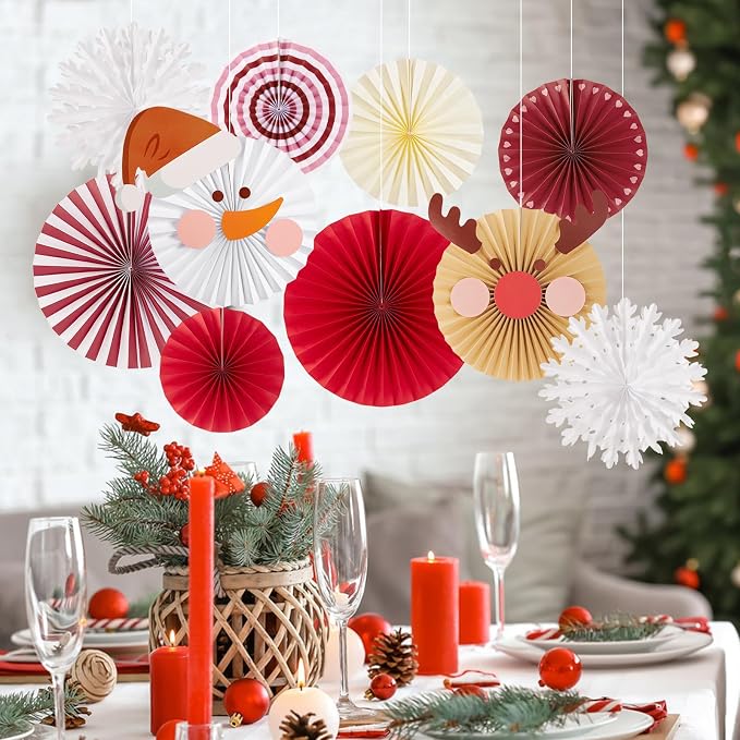 SUNBEAUTY Christmas Party Decorations Christmas Classroom Decorations Hanging Paper Fans with Reindeer Snowman for Xmas Holiday Ceilings Wall Decor Winter New Year Party Supplies