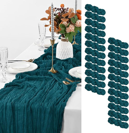 24 Pack Teal Cheesecloth Table Runner, 10FT Cheesecloth Rustic Boho Table Runner Long Romantic Semi Sheer Table Runner for Wedding Baby Shower Birthday Bridal Party Decorations(21.5×120 Inch)