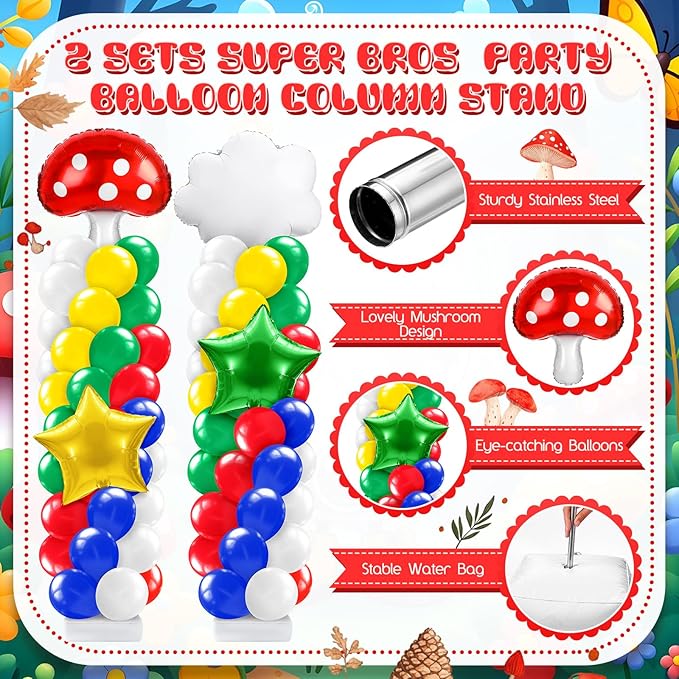 2 Sets Red Blue Green Yellow Balloon Column Stand Kit with Cloud Mushroom Star Coloful Balloons Arch Garland Kit for Cartoon Video Game Theme Birthday Party Supplies