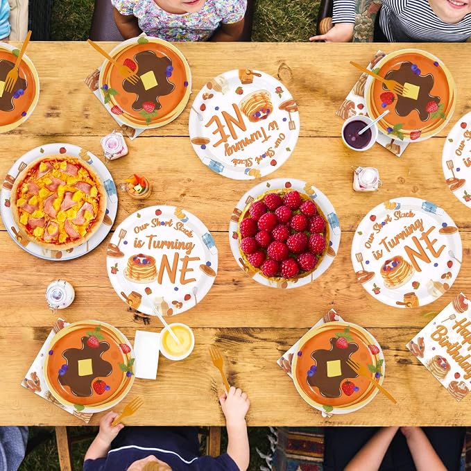 96Pcs Pancakes 1st Birthday Party Decorations Pancakes Plates and Napkins Our Short Stack is Turning One Tableware Set for Breakfast Brunch Supplies for Pancake 1st Birthday Party Supplies，Serves 24