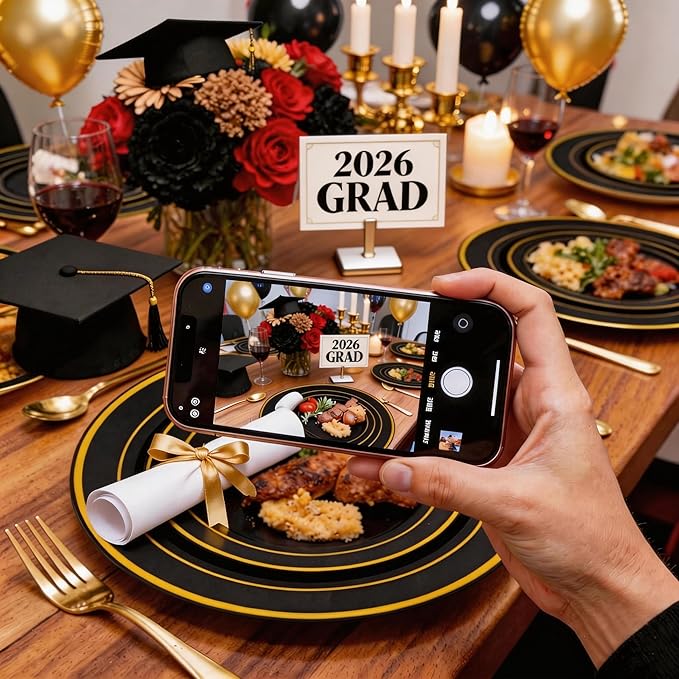 WELLIFE 350PCS Black and Gold Plastic Plates - Plastic Dinnerware Set for 50 Guests,Include 50 Dinner Plates, 50 Dessert Plates, 50 Black Cups 9 OZ, 50 Pre Rolled Napkins with Gold Silverware