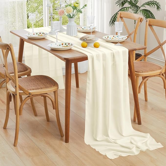 Horbaunal 2 Pack Ivory Chiffon Table Runners 10FT Sheer Chiffon Runner 29x120 Inches Romantic Boho Rustic Table Runner for Wedding Party Bridal Baby Shower Table Decorations