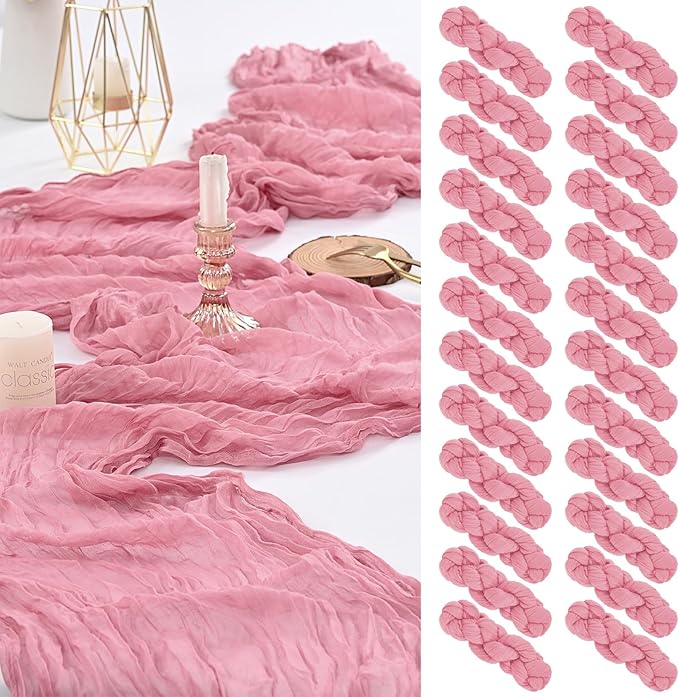 24 Pack Dusty Rose heesecloth Table Runner ,10FT Cheese Cloth Table Runner for Wedding Decor, 20x120inch Rustic Boho Gauze Table Runners for Wedding Party Bridal Shower