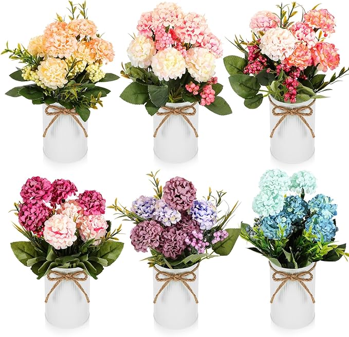 Wavwavw 6 Sets Flower Centerpieces for Tables Decor Artificial Hydrangeas with Vase and Hemp Rope Floral Arrangement Faux Flowers Fake Hydrangea Bouquets for Table Wedding Home Office Party