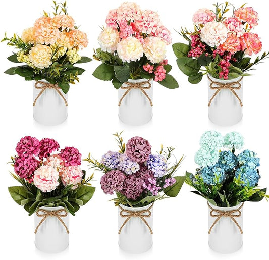 Wavwavw 6 Sets Flower Centerpieces for Tables Decor Artificial Hydrangeas with Vase and Hemp Rope Floral Arrangement Faux Flowers Fake Hydrangea Bouquets for Table Wedding Home Office Party