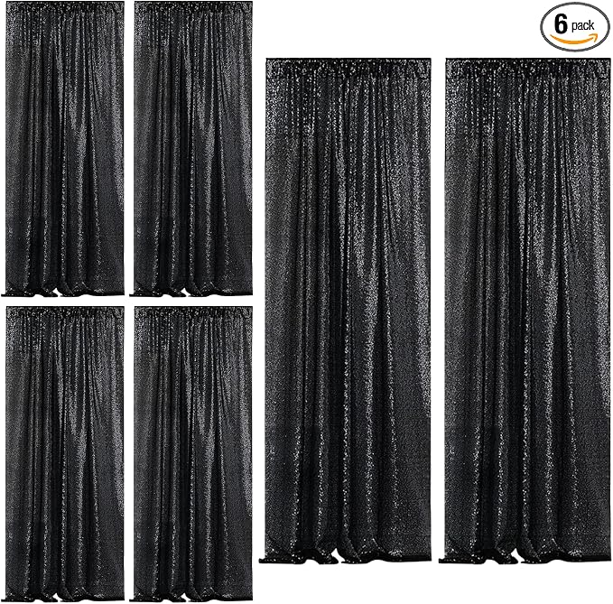 Sugargirl Halloween Black Sequin Backdrop Curtain 6 Panels 2FTx8FT Glitter Black Background Drapes Sparkle Photography Backdrop for Party Wedding Birthday Wall Decoration