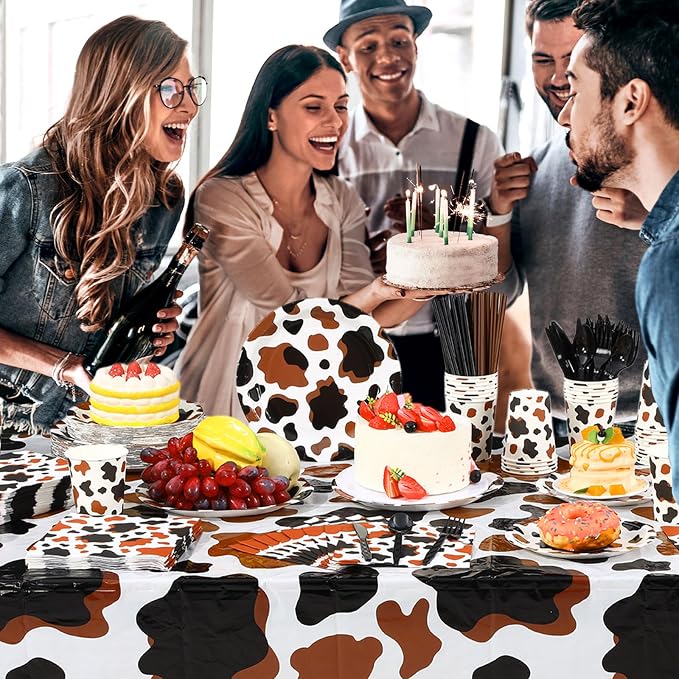 Potchen 452 Pcs Party Supplies Serve 50 Guests, Paper Plates Napkins Cups Cutlery Plastic Tablecloth Dinnerware for Birthday Wedding Party Decoration (Brown, Cow)