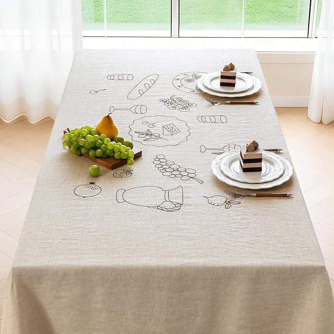 Linen World Embroidered Linen Tablecloth Large 70x157inch,100% French Linen Pre-Washed Table Cloth,Natural Flax Table Cover for Elegant Dining,Banquet Embroidery
