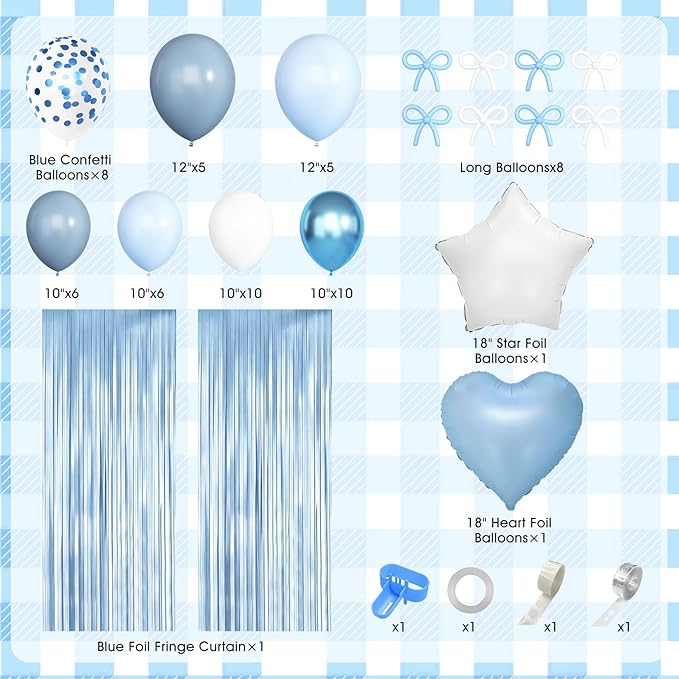Light Blue Bow Birthday Party Decorations, Coquette Bow Blue and White Confetti Long Balloons Happy Birthday Banner Fringe Curtain Tassel Pompoms For Women Girls Theme Baby Shower Party Decorations