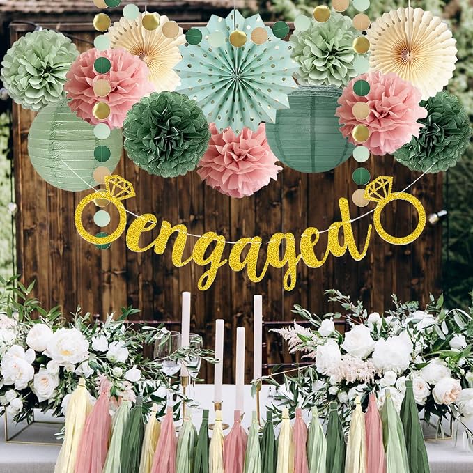 Engagement Party Decorations Pink and Sage Green Engaged Party Decoration Olive Tissue Pom Poms Paper Fans Tassel Garlands for Sage Green Dusty Pink Bridal Shower Engagement Married Decoration